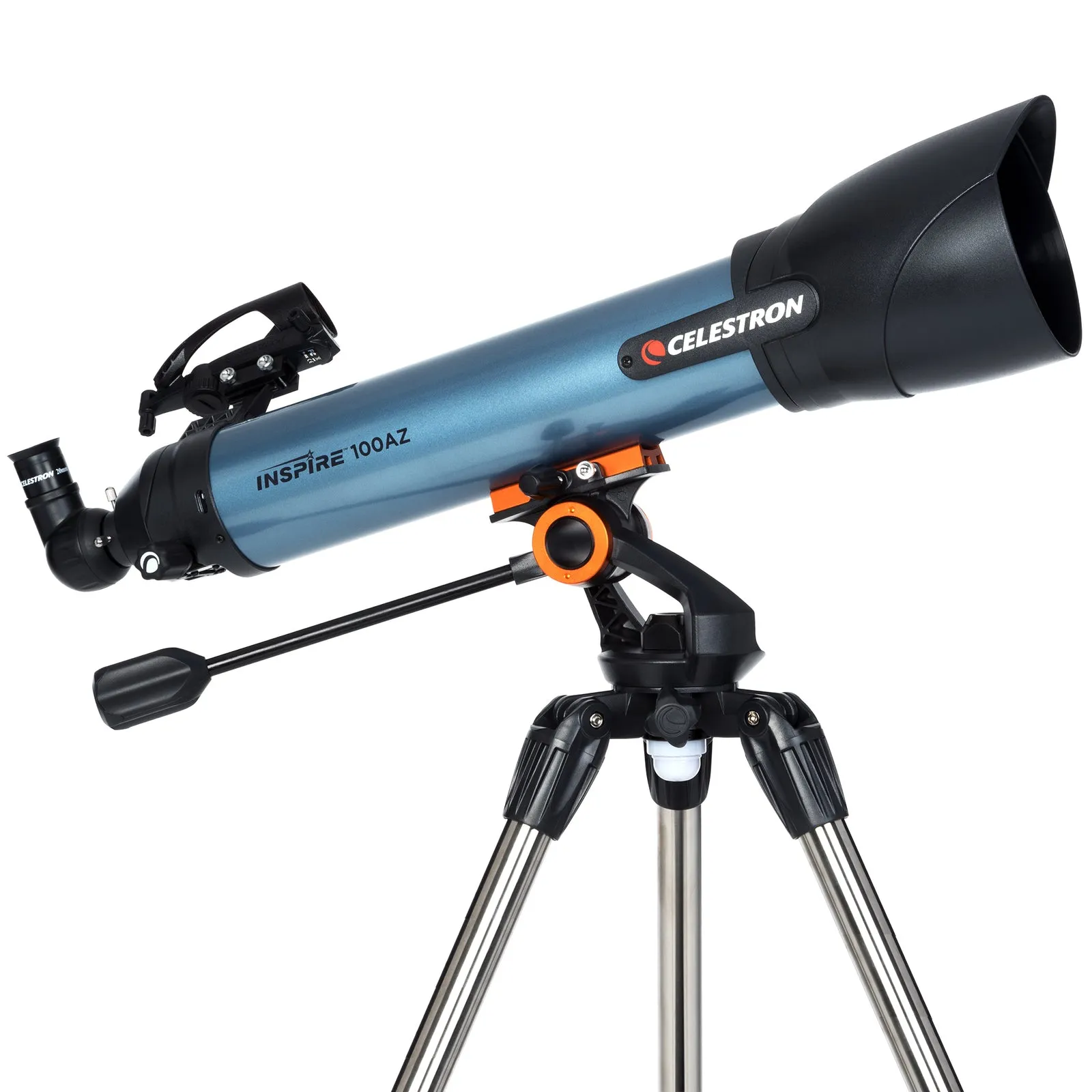 Celestron Inspire 100AZ refractor telescope on its manual alt-azimuth mount and tripod