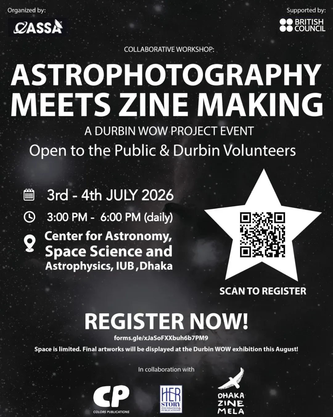Poster for the Astrophotography Meets Zine Making workshop, 3–4 July 2026 at CASSA, IUB.