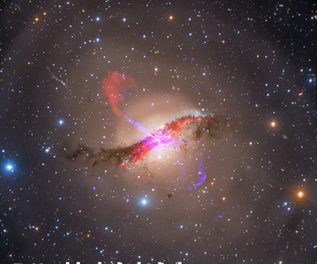Centaurus A with all four wavelengths combined: the optical galaxy and dust lane, the blue X-ray jet, and the red radio lobes, all on the same field of view.
