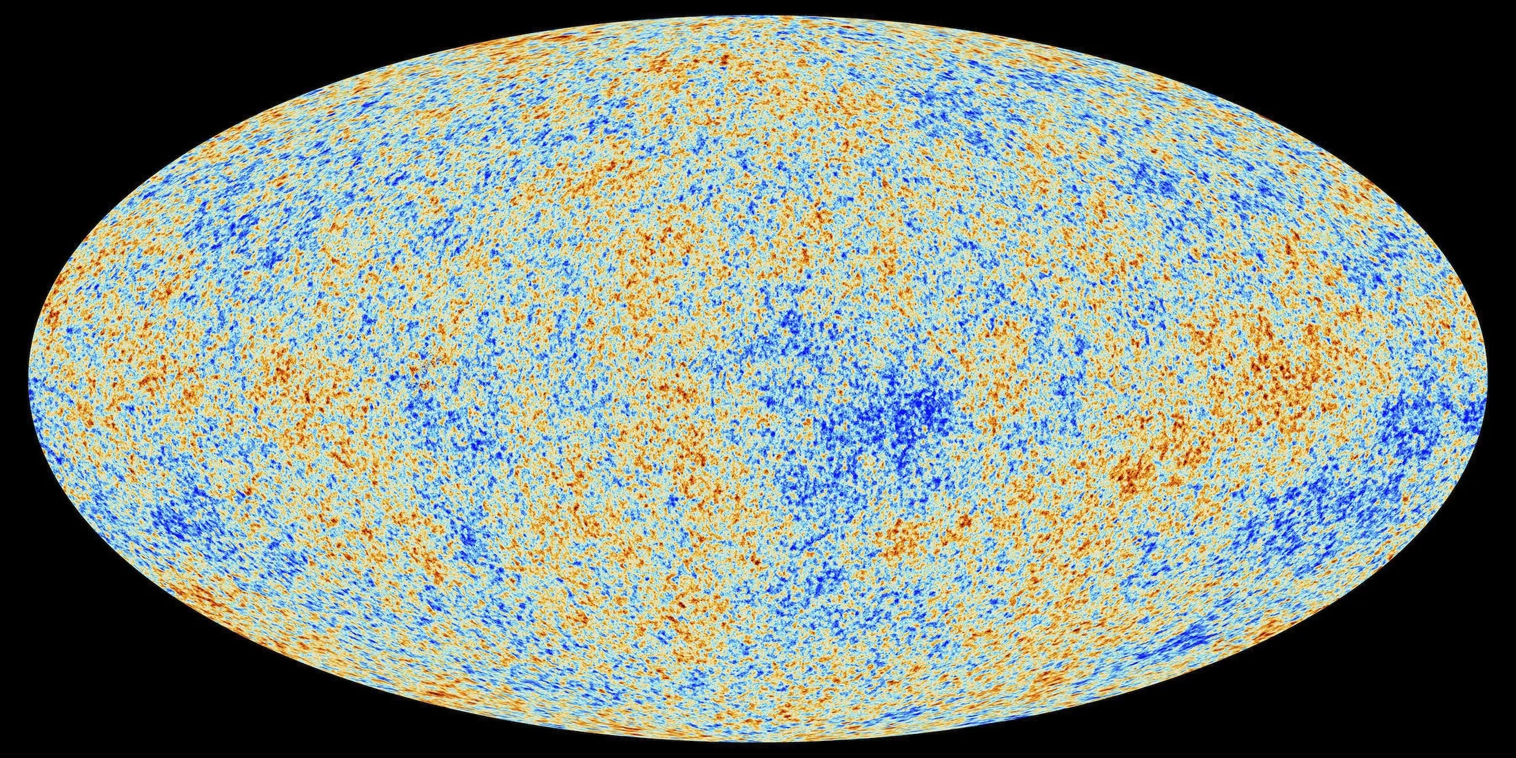 ESA Planck satellite all-sky map of the Cosmic Microwave Background: a mottled oval of blue and red specks on a 2.725 K background. Blue patches are slightly cooler and denser, red patches slightly hotter and thinner — the seeds of every galaxy.